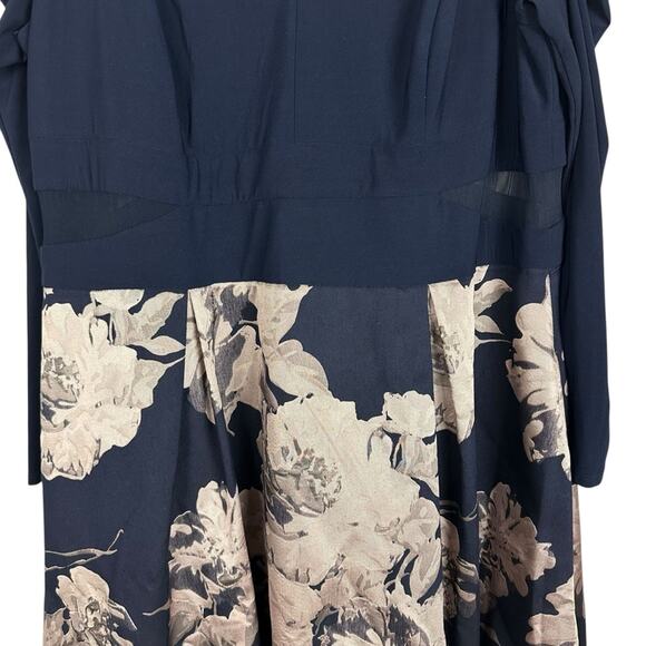 Xscape Navy Blue Brocade Floral High Low Formal Long Sleeve Midi Gown Size 18W - Picture 6 of 14